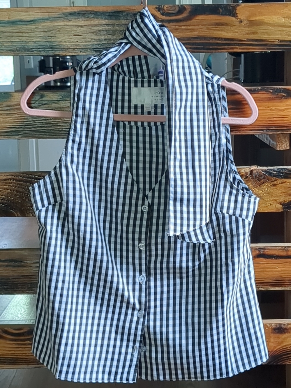 J.O.A. Black & White Gingham Sleeveless Tie-Neck Top